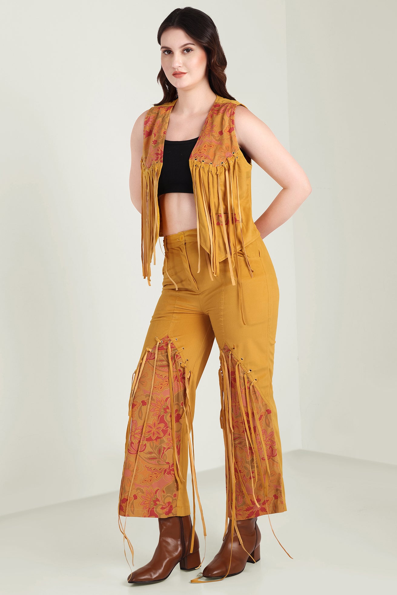 The Jolene Fringe Two Piece Set in Saddle Gold