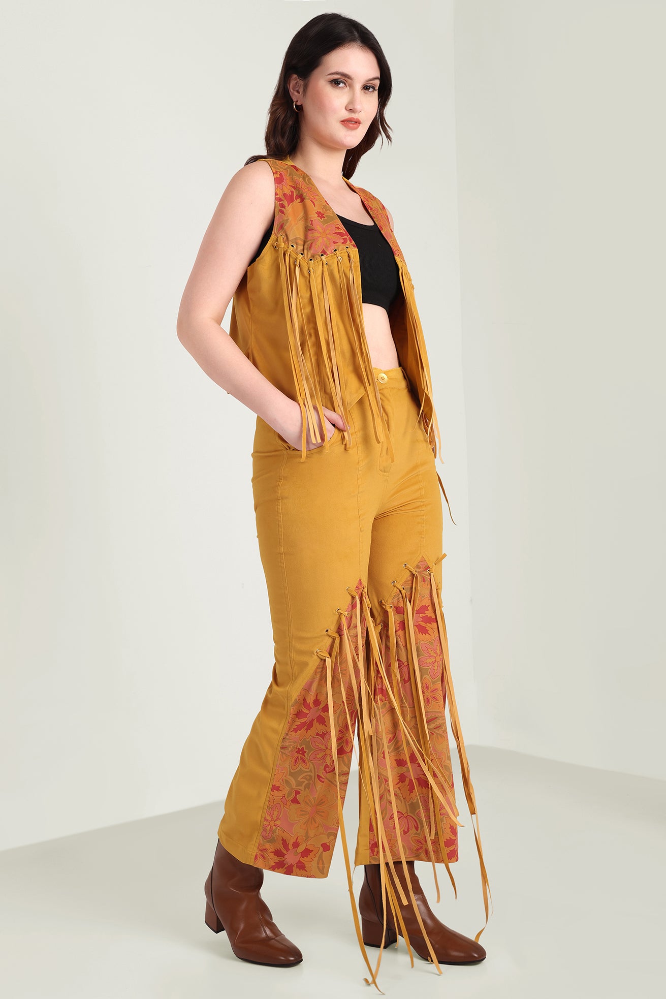 The Jolene Fringe Two Piece Set in Saddle Gold