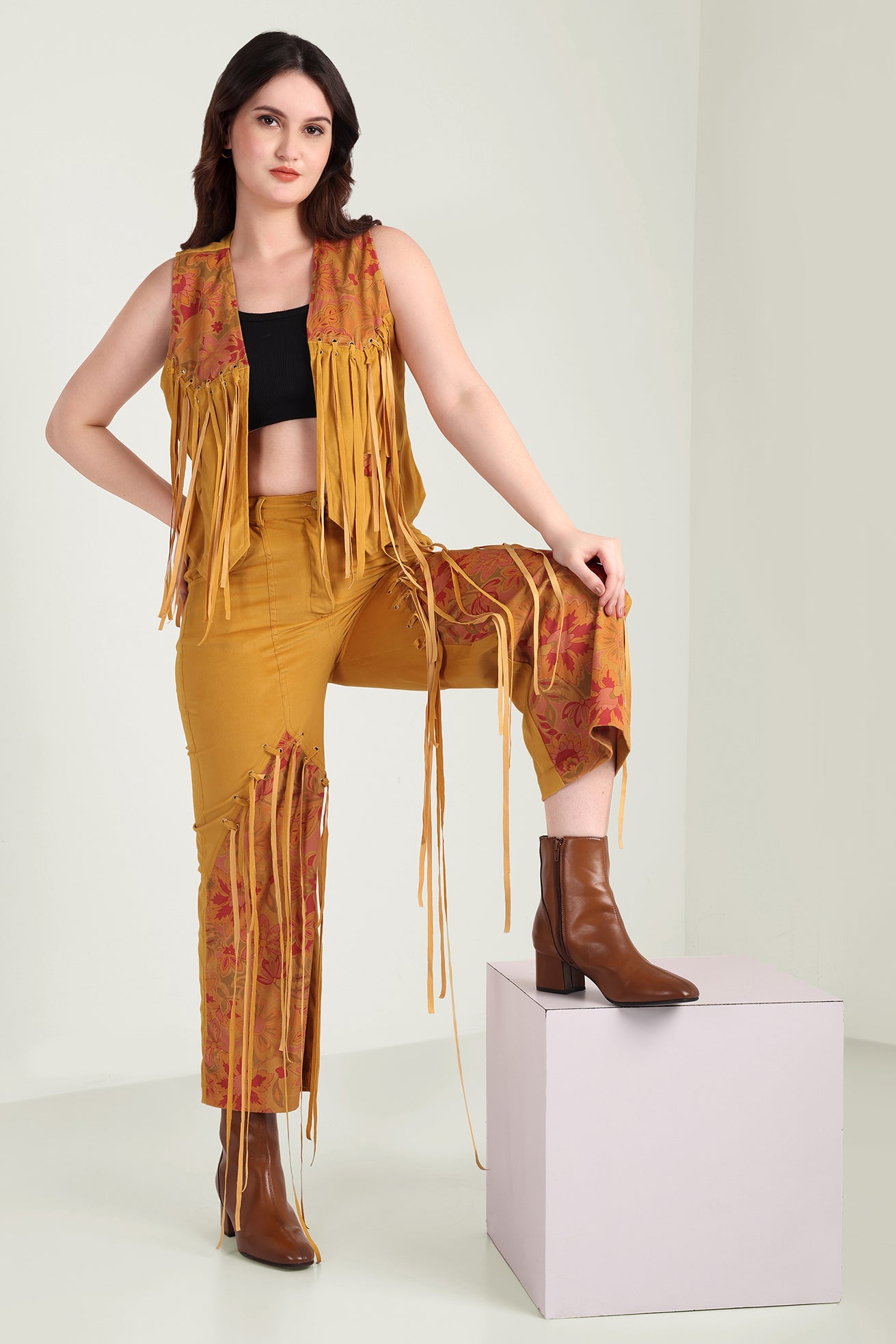 The Jolene Fringe Two Piece Set in Saddle Gold