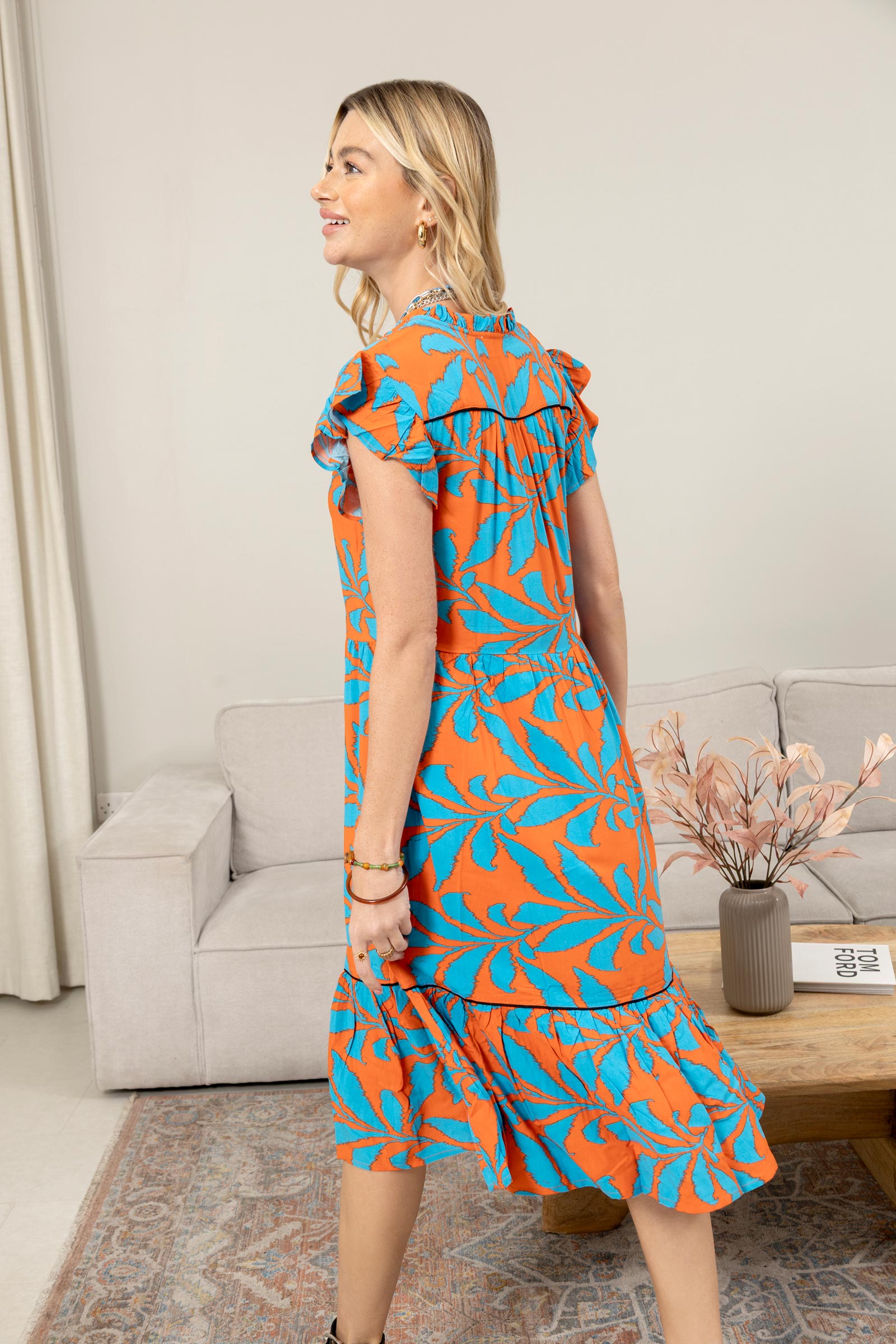 Bold & Beautiful Empire Waist Dress In Orange And Blue