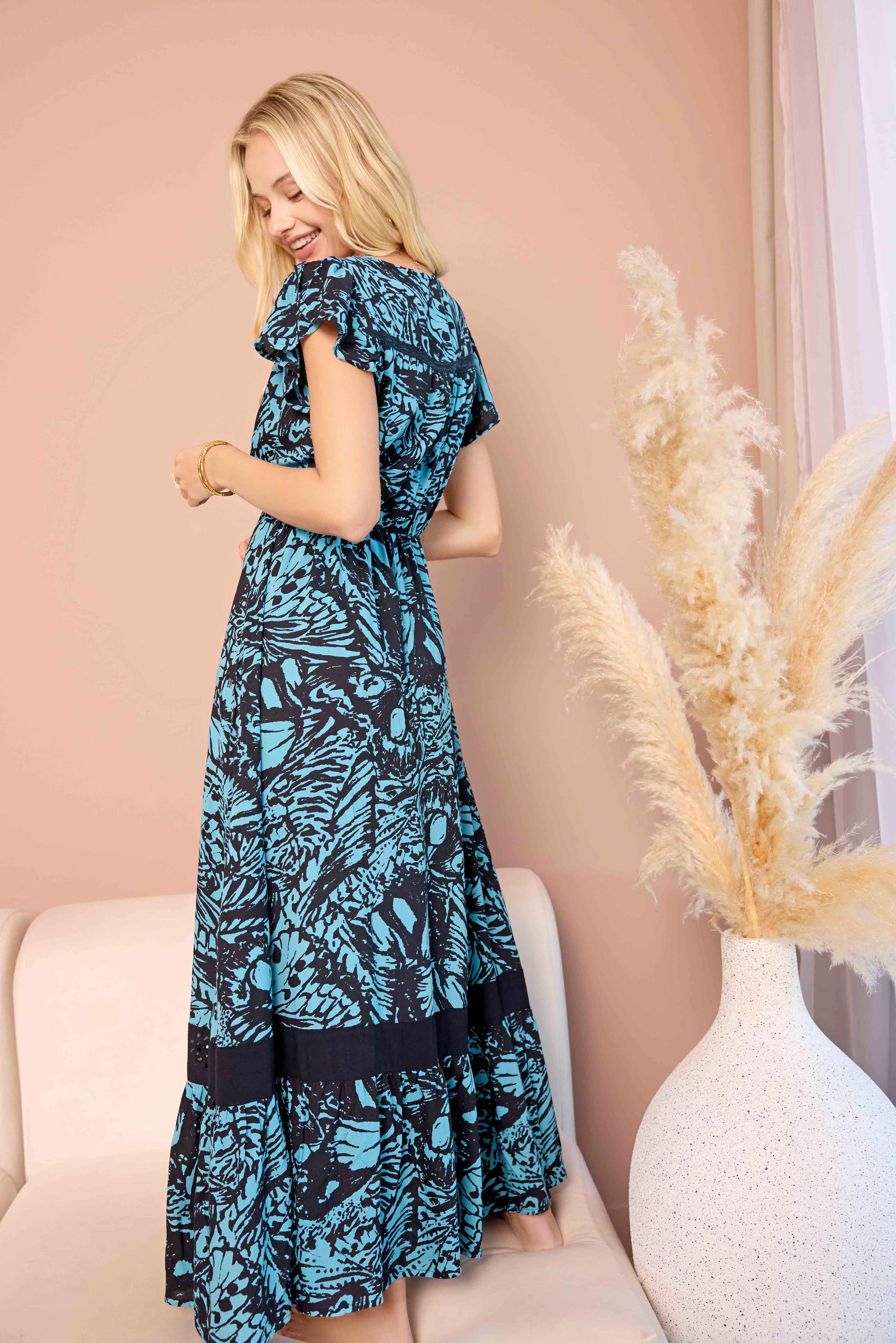 Bohera Songbloom V-Neck Sleevless Maxi Dress in Ocean Azure
