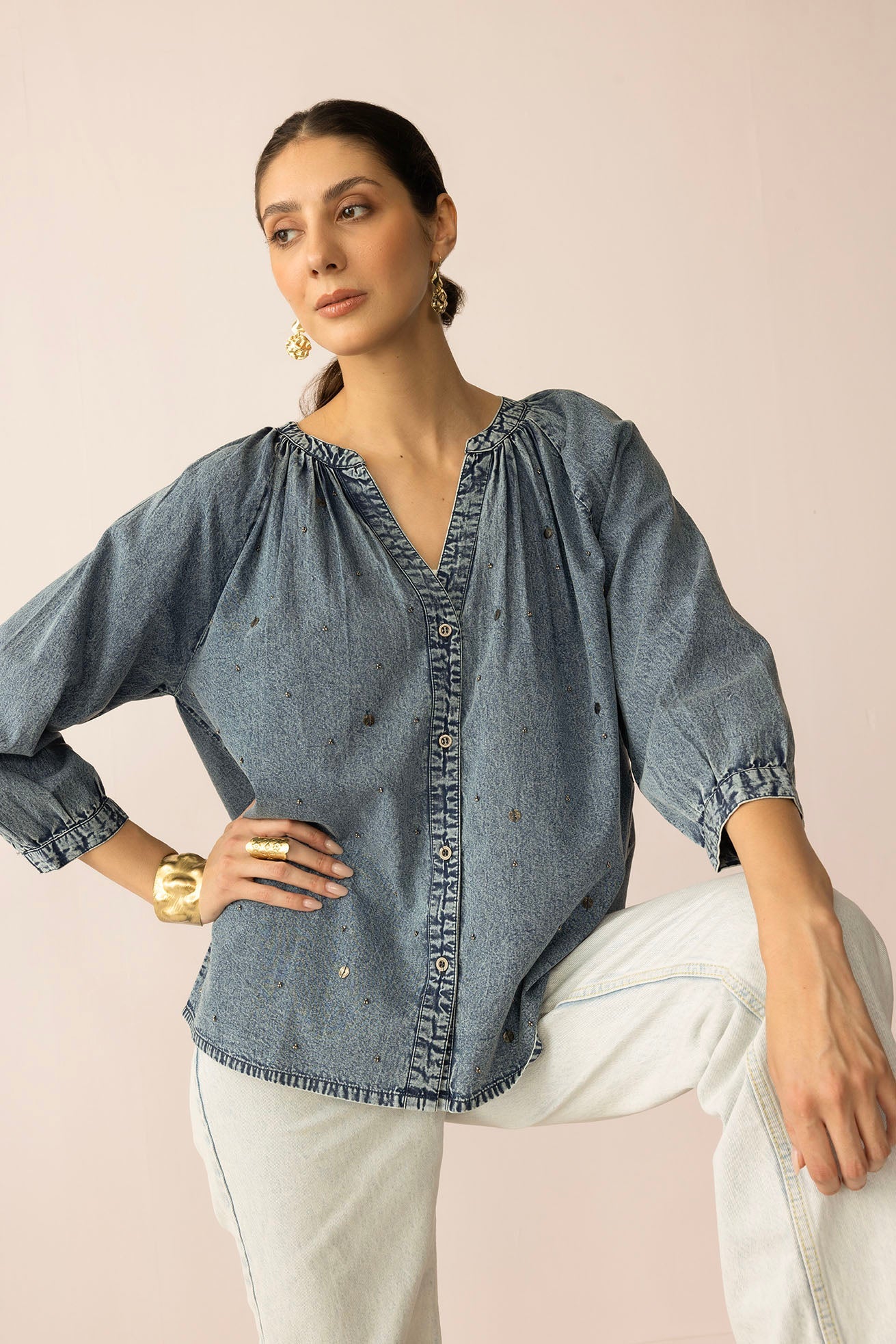 Stitched in Stardust Top in Washed Blue