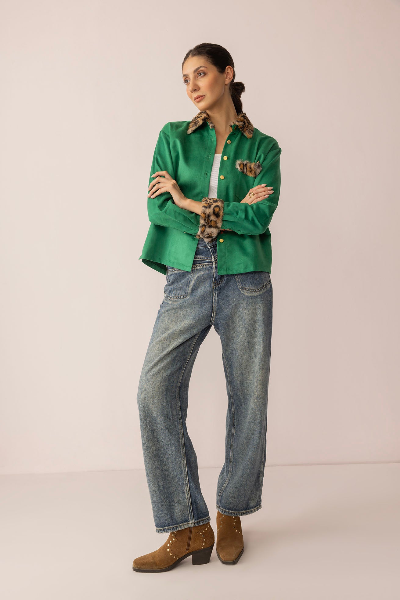 Sienna Rose Women's Shirt in Green with Fur.