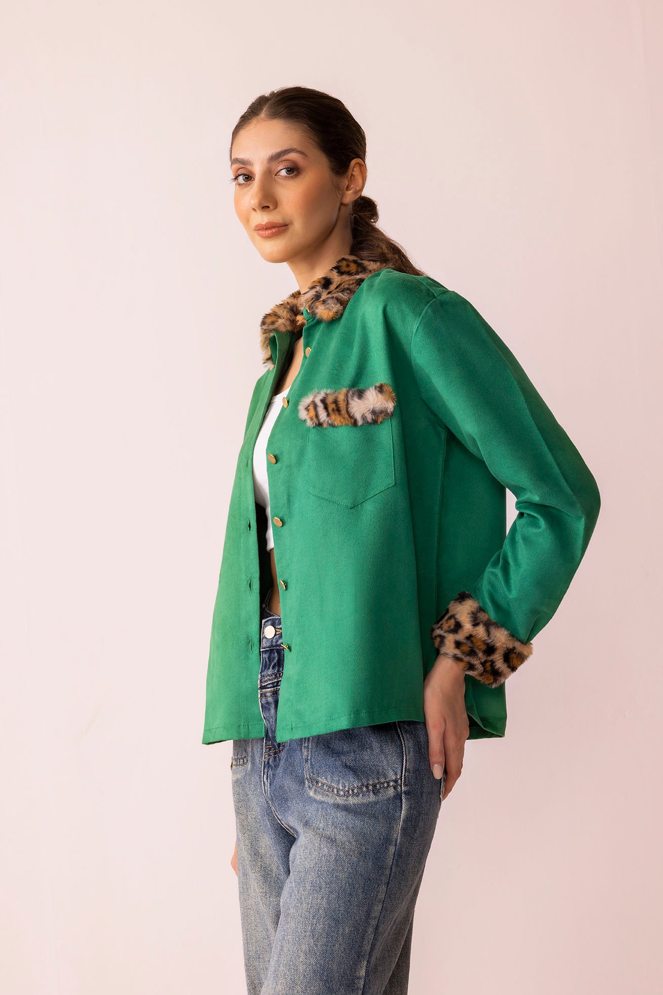 Sienna Rose Women's Shirt in Green with Fur.