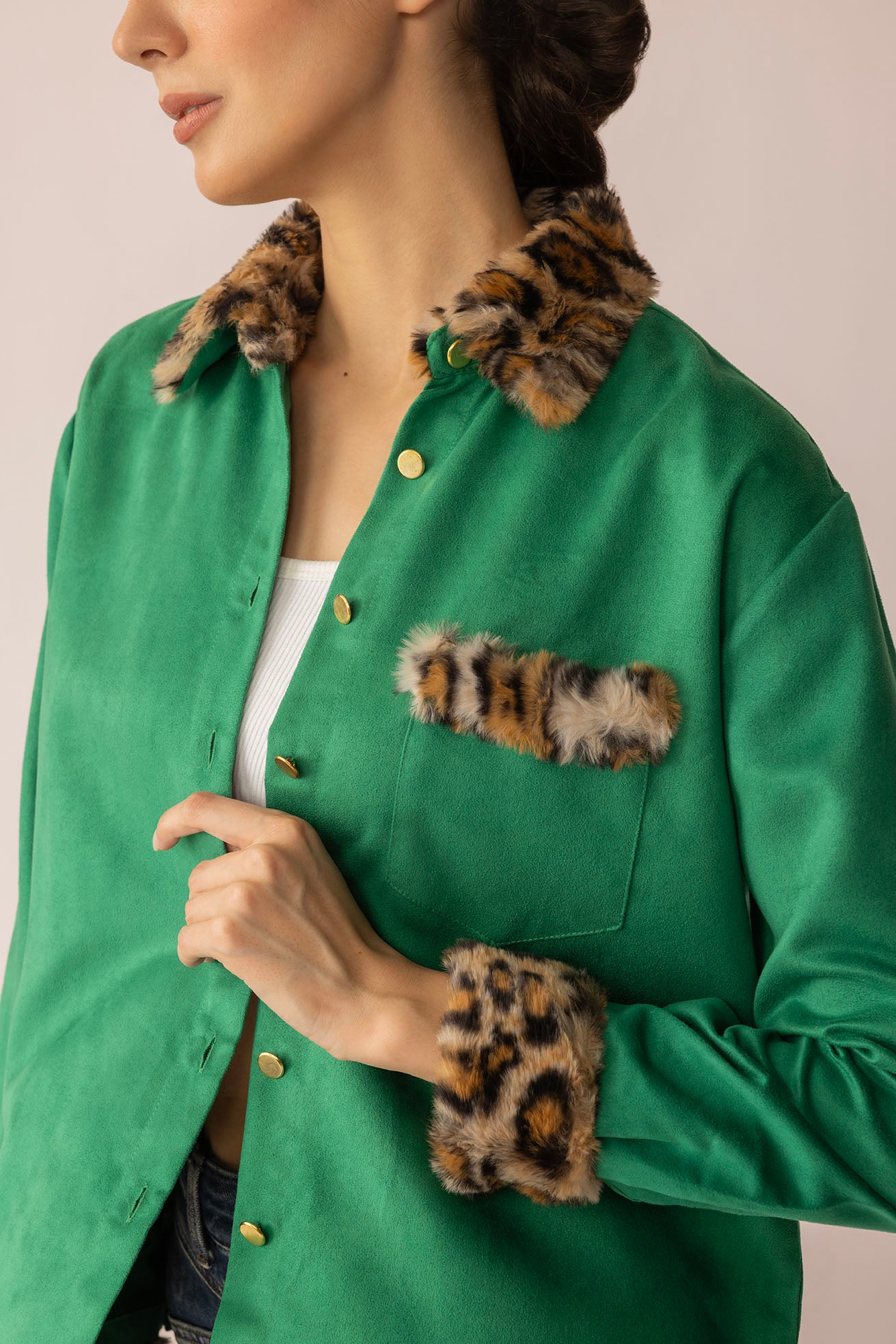 Sienna Rose Women's Shirt in Green with Fur.