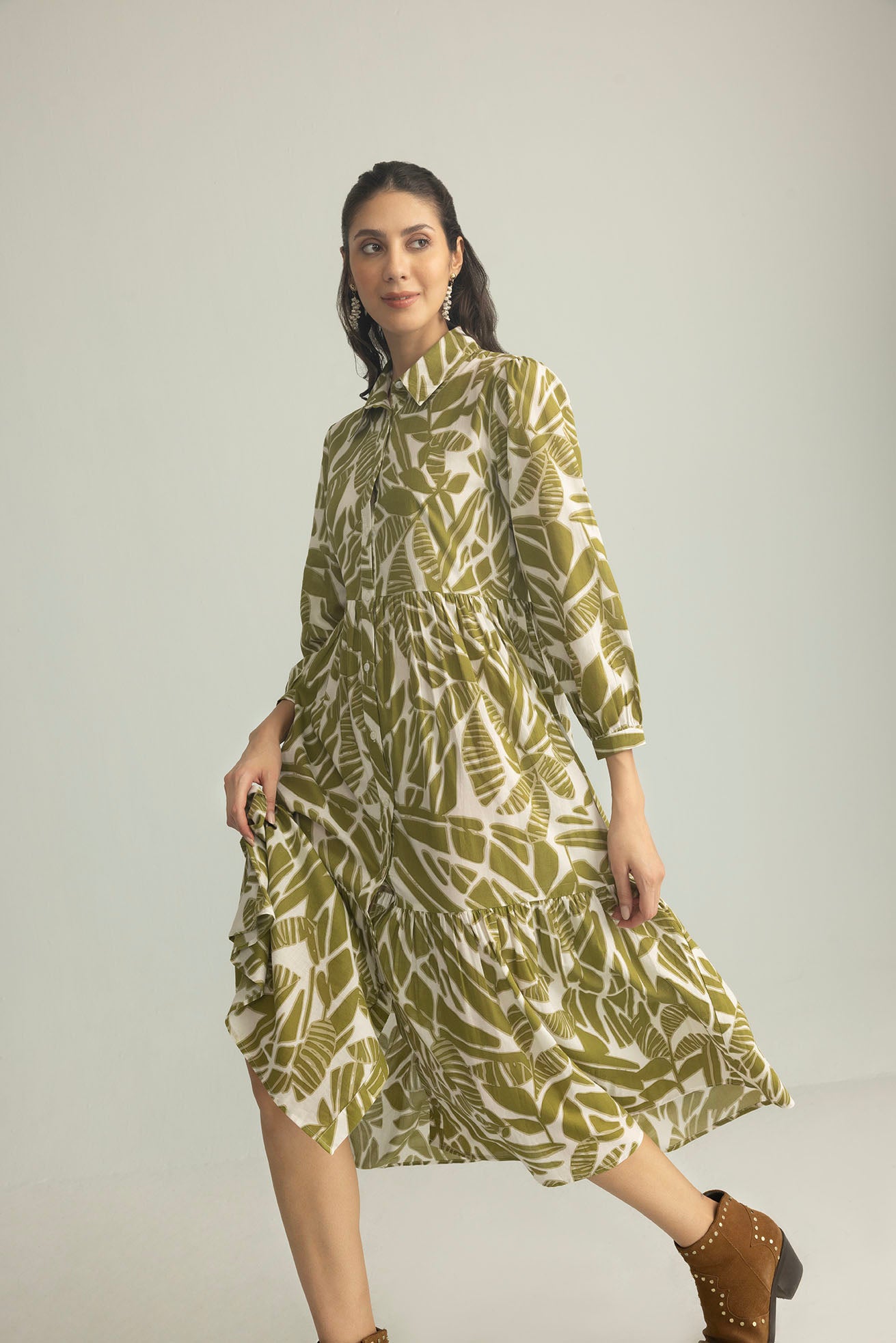 Grid & Grace Midi Dress in Olive Green