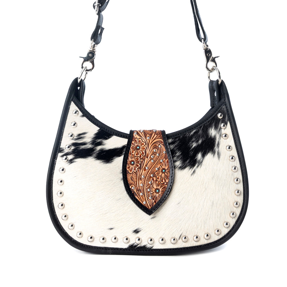 Santa Fe Handtooled Bag for Women in Black with hairon and studded detail