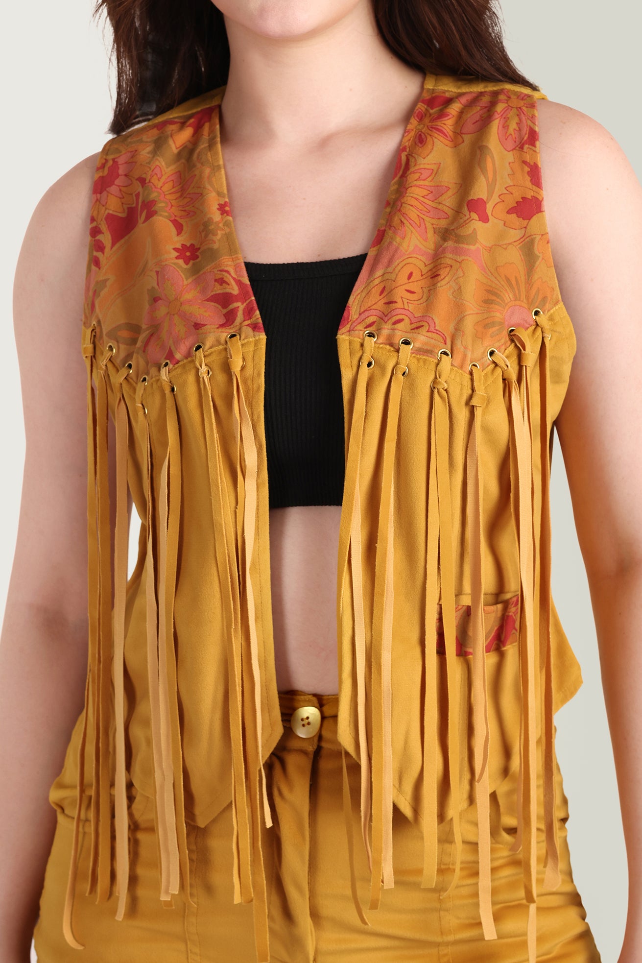 The Jolene Fringe Two Piece Set in Saddle Gold