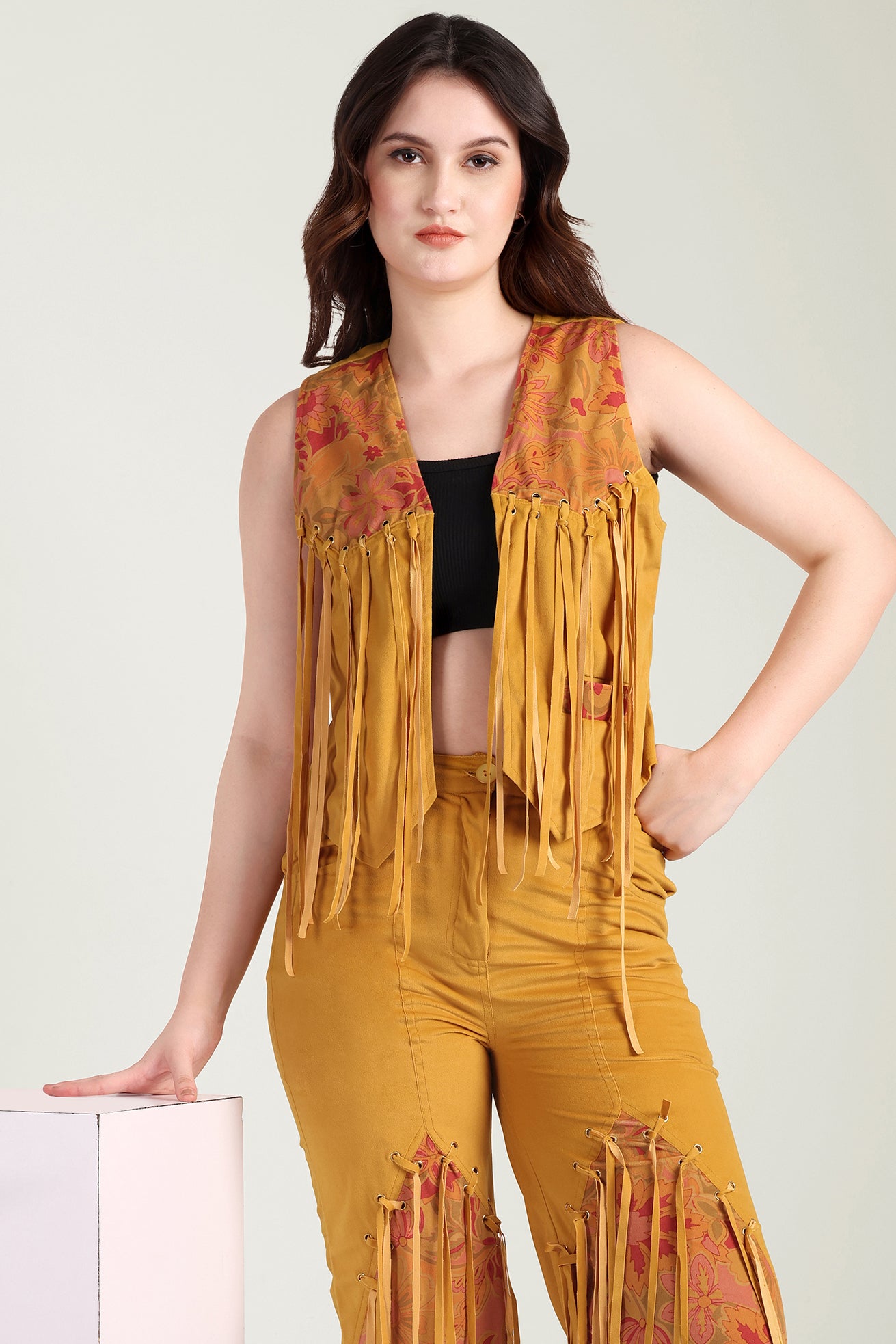 The Jolene Fringe Two Piece Set in Saddle Gold