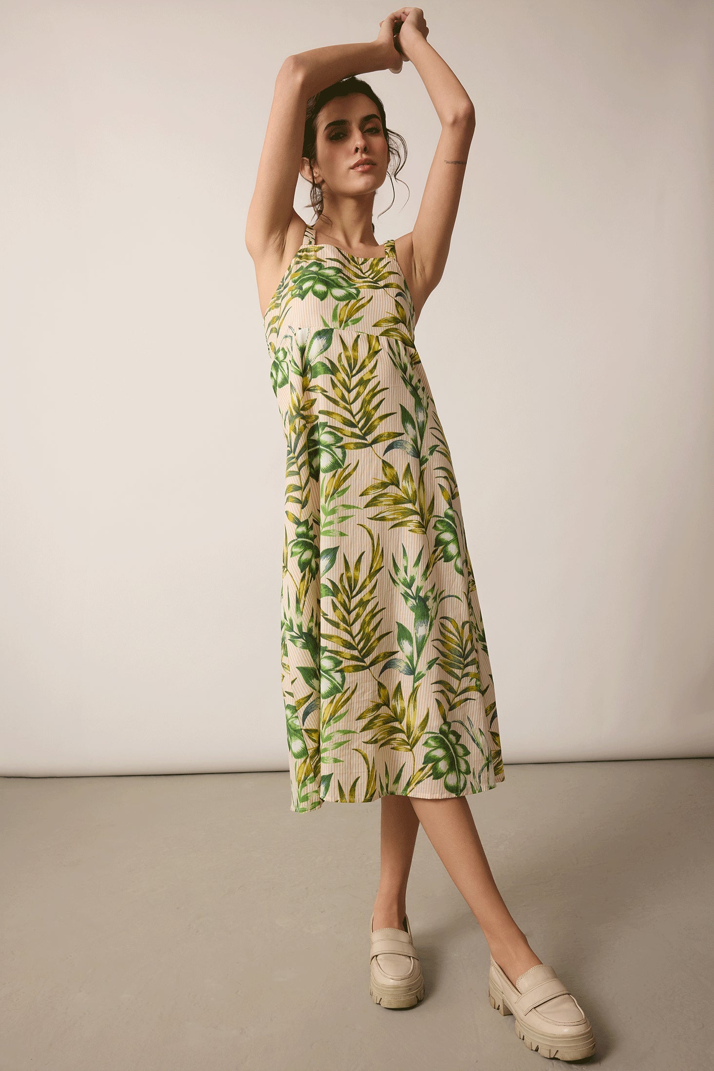 Ports of Call A-Line Dress In Off White and Green