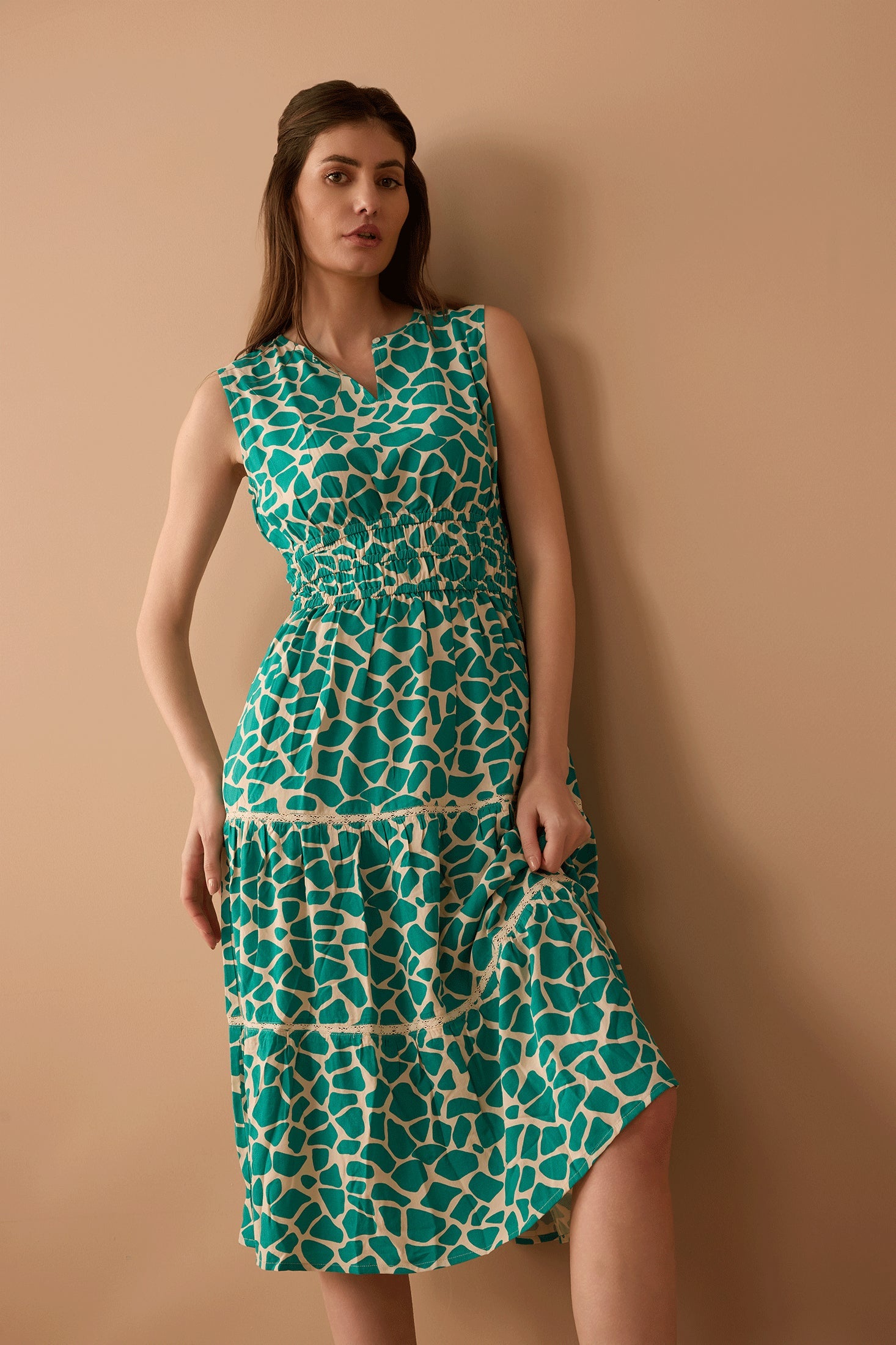 Destiny Pattern Empire Waist Dress In Turquoise