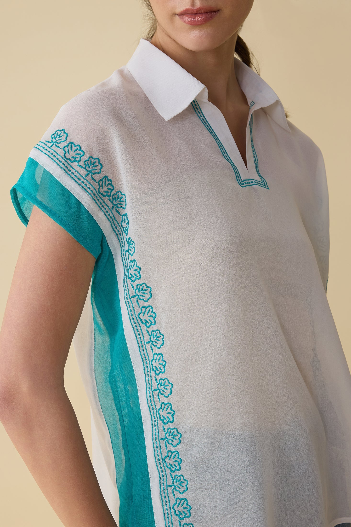 Sierra Embroidered Top In White And Sky Blue