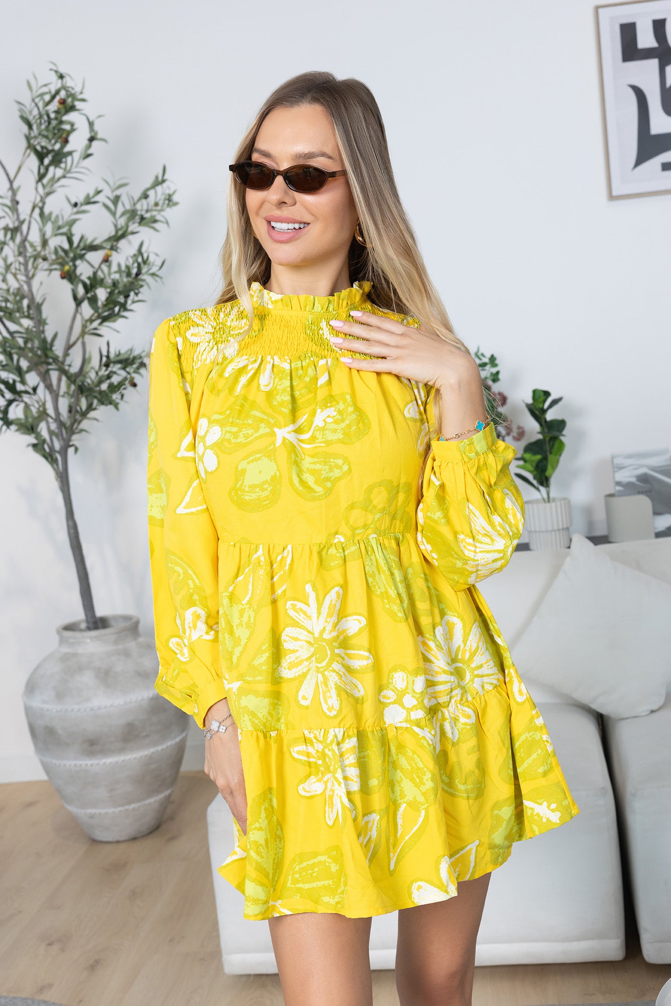 Wild Sienna Ruffle Dress in Yellow Floral print