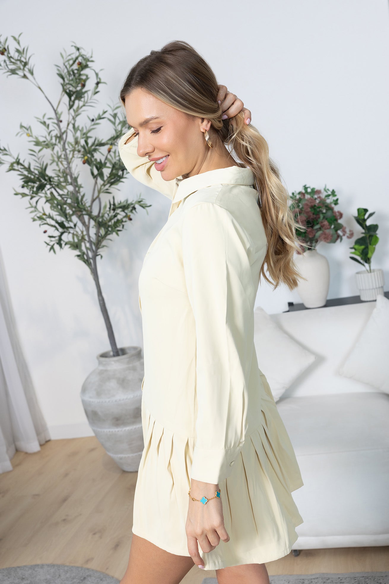 Blush Hour Pleated Mini Dress in Chino Green