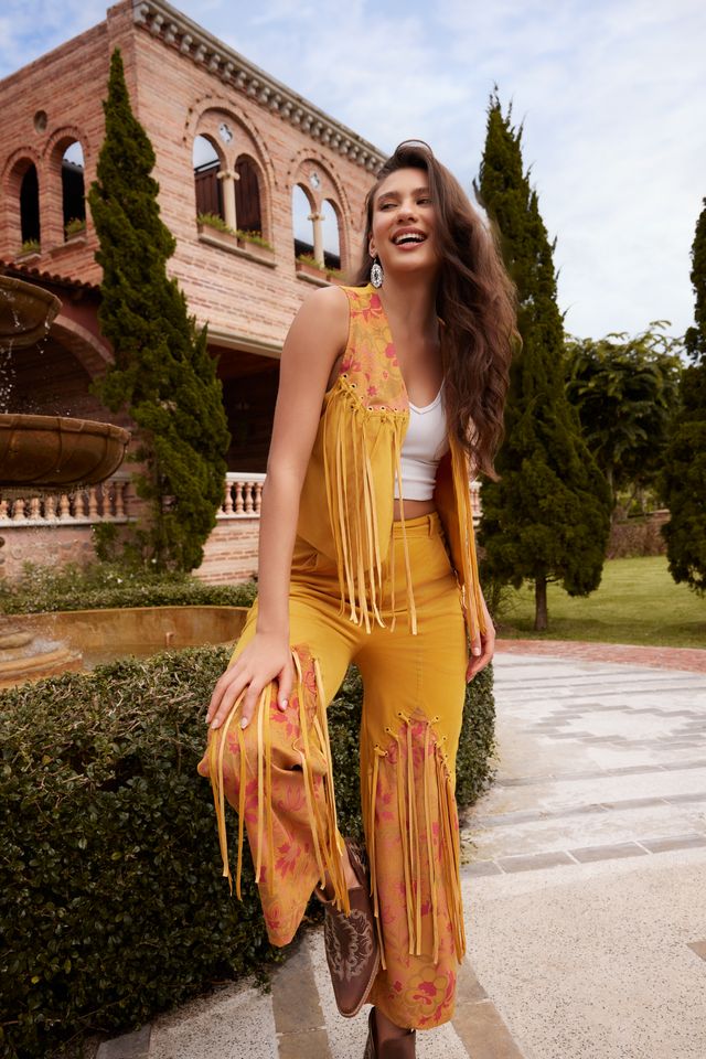 The Jolene Fringe Two Piece Set in Saddle Gold