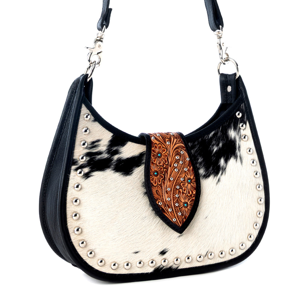 Santa Fe Handtooled Bag for Women in Black with hairon and studded detail