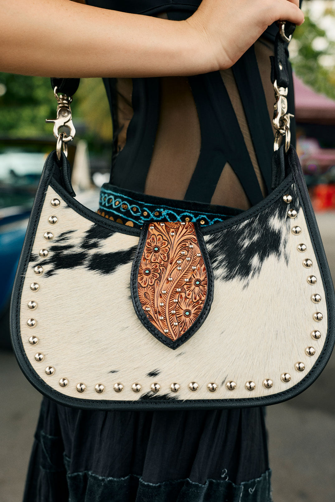Santa Fe Handtooled Bag for Women in Black with hairon and studded detail