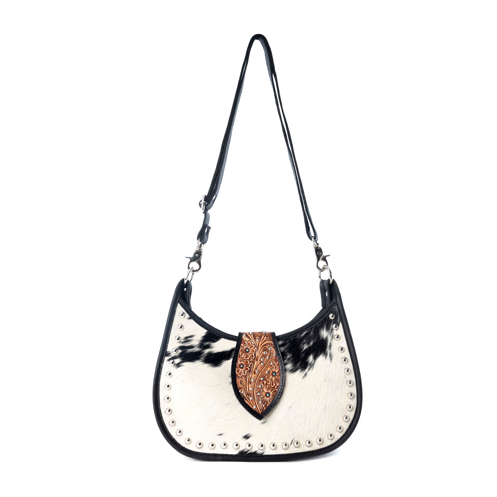 Santa Fe Handtooled Bag for Women in Black with hairon and studded detail