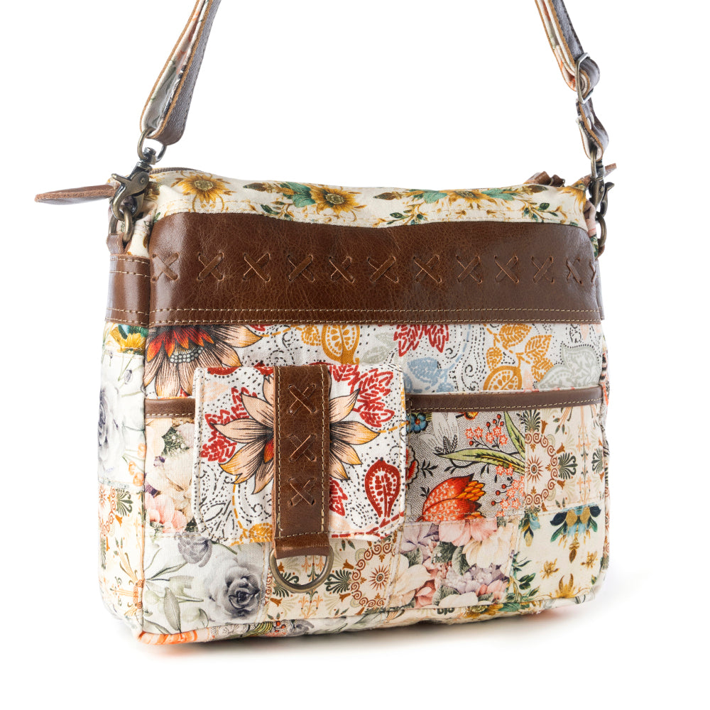 Posy Mesa upcycled canvas Bag for Women in beige with floral detail