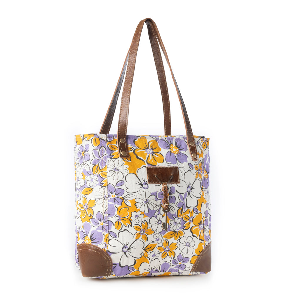 Retro Bloom upcycled canvas tote Bag for Women in yellow with leather detail