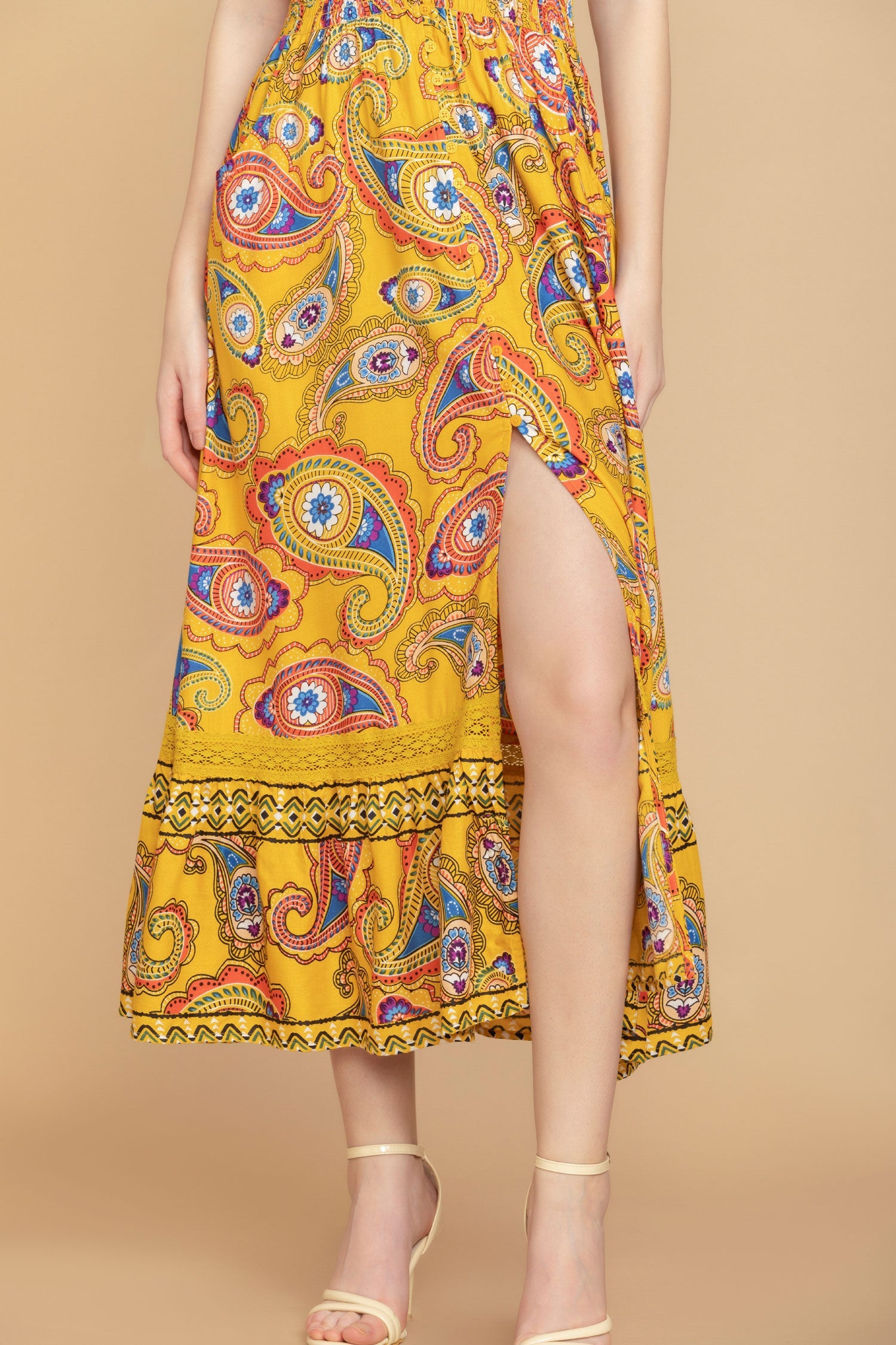 Sunrise Golden Paisley Drop Waist Dress