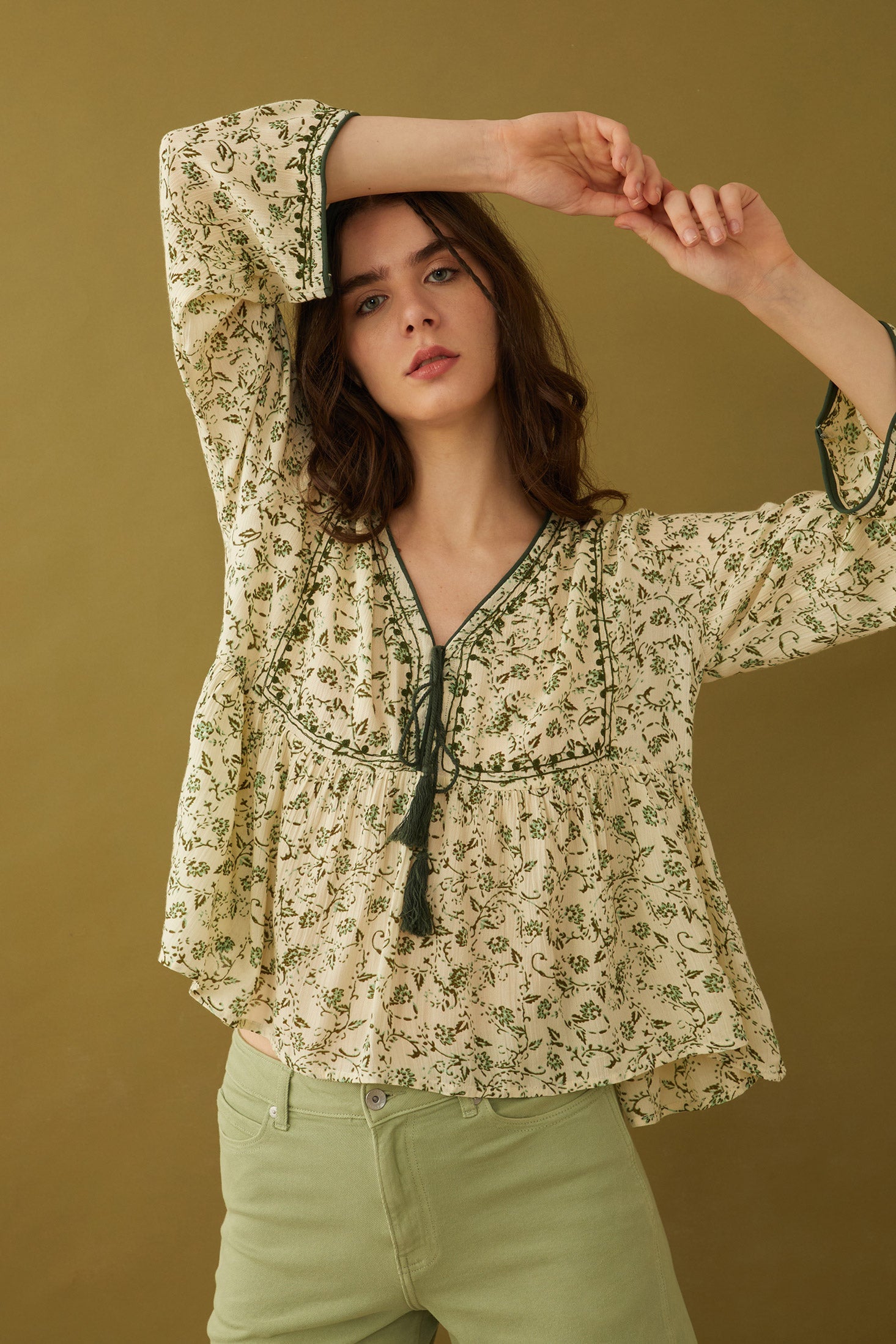 Floral Petals V-Neck Tassled Blouse