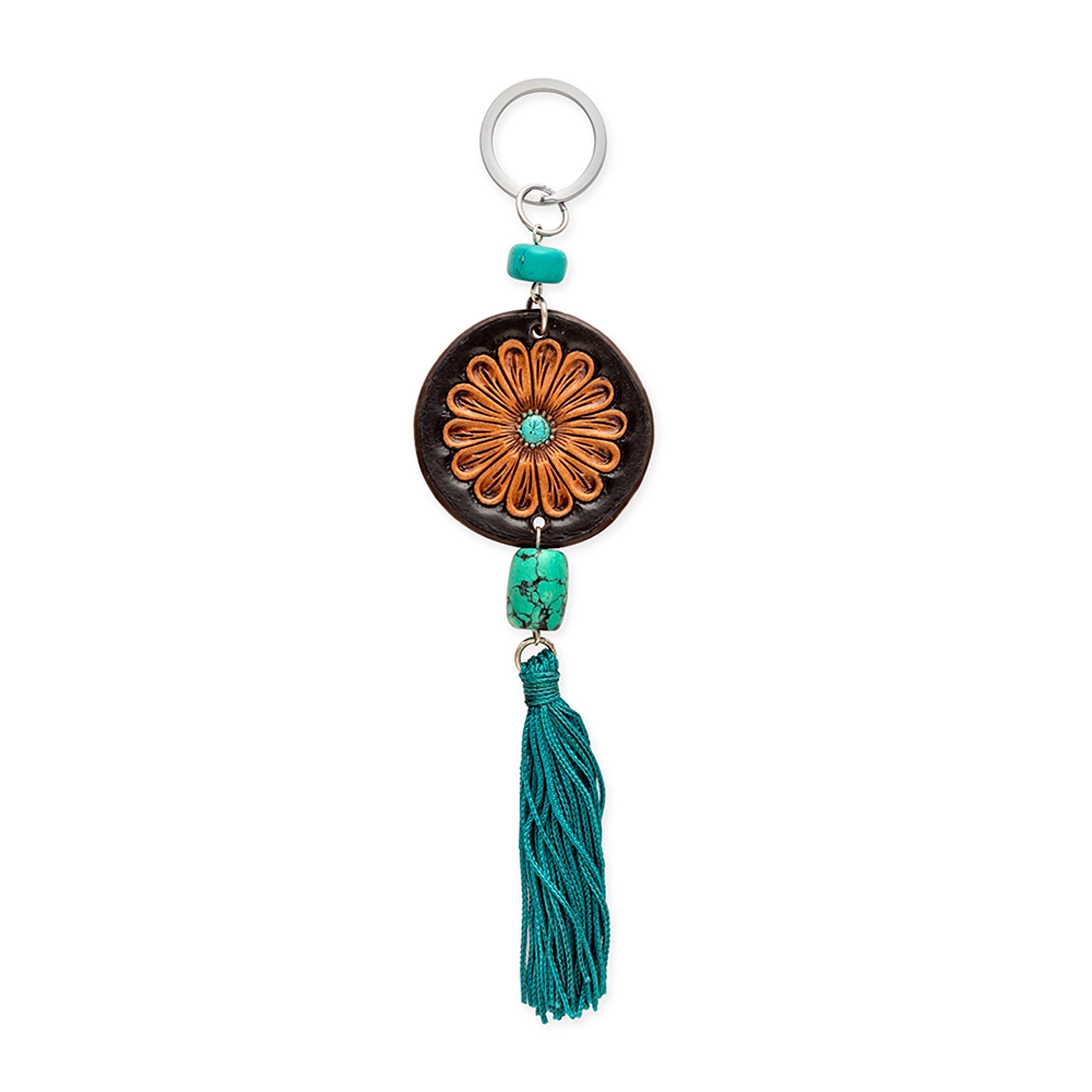 Turquoise Bloom Sunflower Elegance Hand-Tooled Key Fob